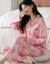 Women’s Winter 100% Cotton Pajama Set – Loose Fit, Turn-Down Collar, Long Sleeves, Cute Pink