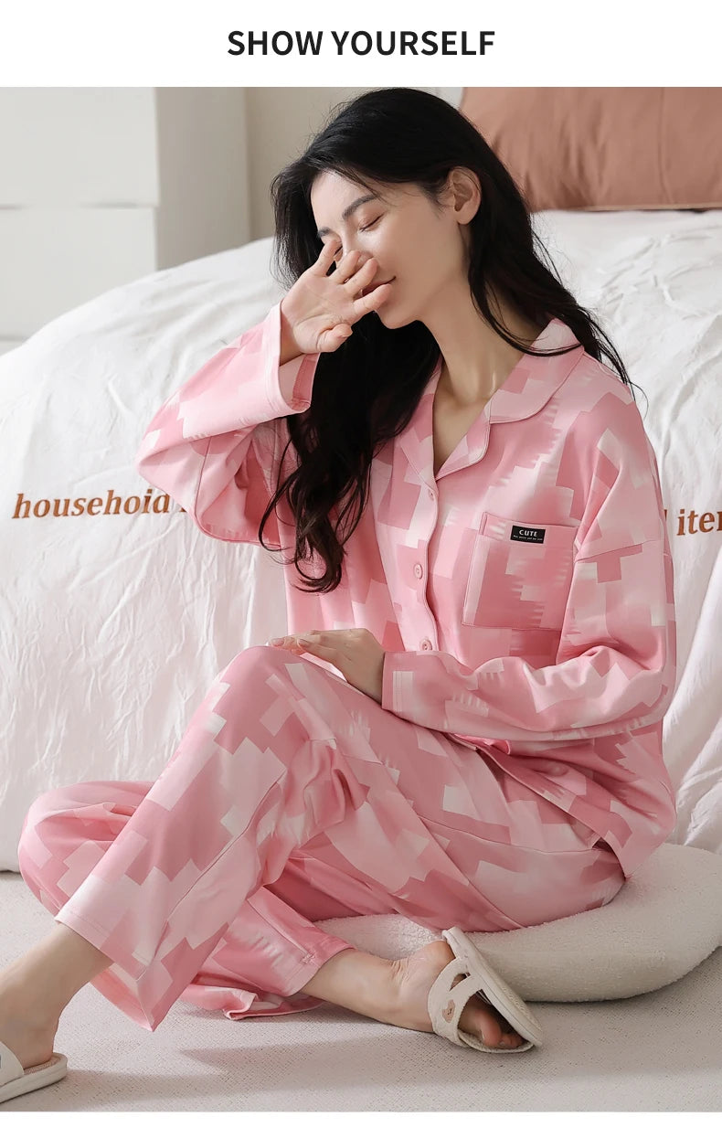 Women’s Winter 100% Cotton Pajama Set – Loose Fit, Turn-Down Collar, Long Sleeves, Cute Pink