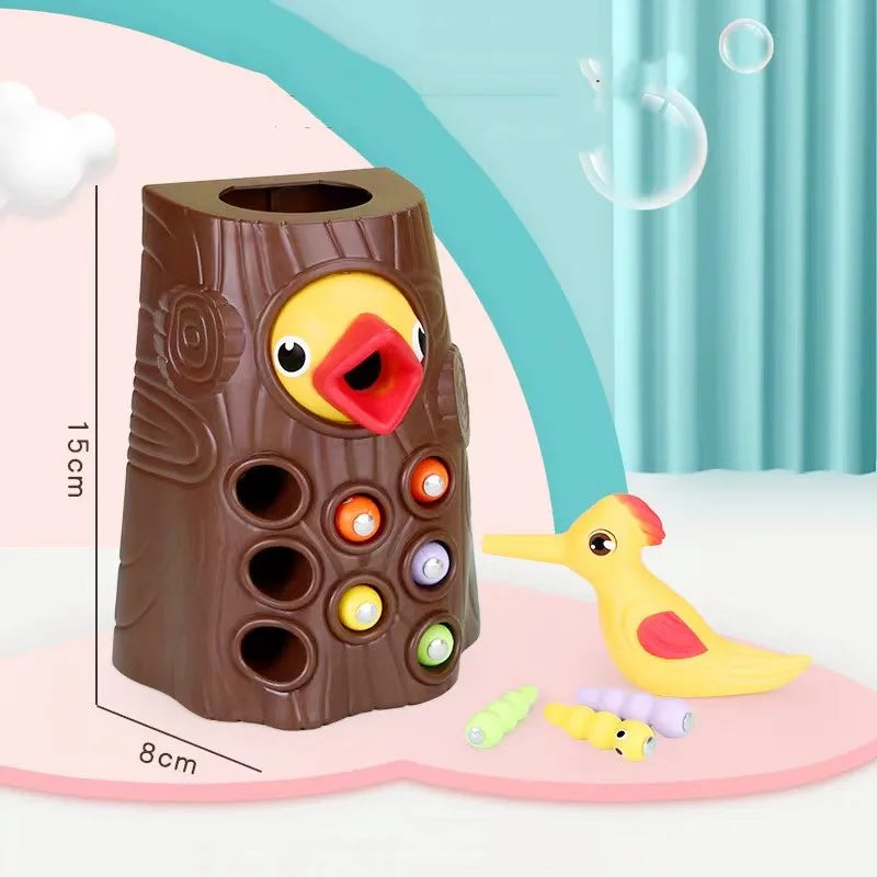 Montessori Baby Wooden Toys Magnetic Woodpecker Catching Worms Feeding Fishing Game Set Educational Toys for Kids Birthday Gift