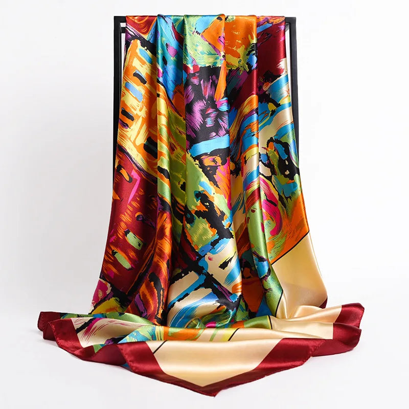 Silk Scarves Women Leaf Print Foulard Satin Square Head Hijab Scarf Ladies Luxury Brand Shawls  Bandana Female Muffler Scarf