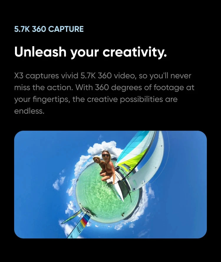 5.7K 360° Action Camera with 4K Single Lens Recording and FlowState Stabilization