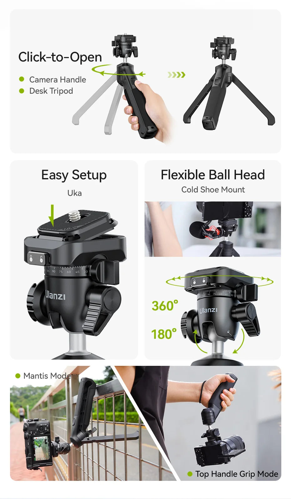 One-click Quick Release Tripod Uka Tripod Top Handle Grip for Camera Netting bracket with a Hidden Hook 180° Tilt