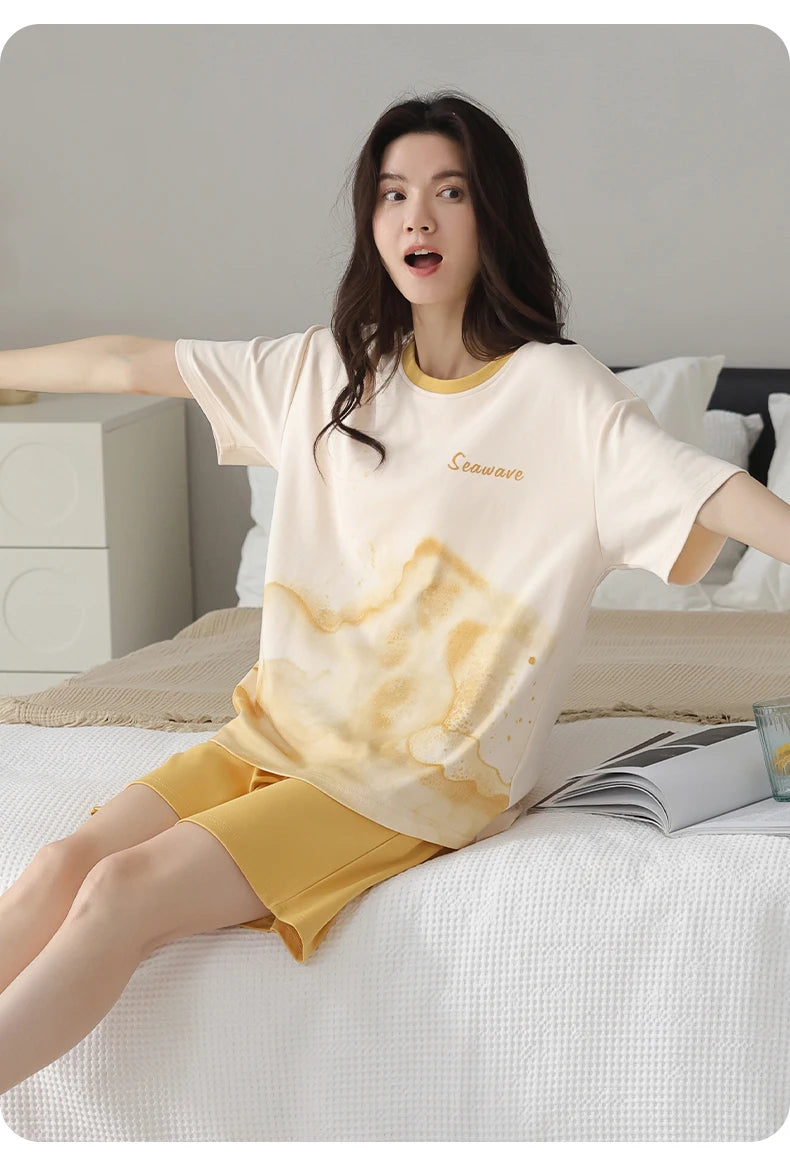 2-Pcs Women’s Cotton Pajama Set – Breathable Short Sleeve Summer Sleepwear with Cute Prints