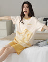 2-Pcs Women’s Cotton Pajama Set – Breathable Short Sleeve Summer Sleepwear with Cute Prints
