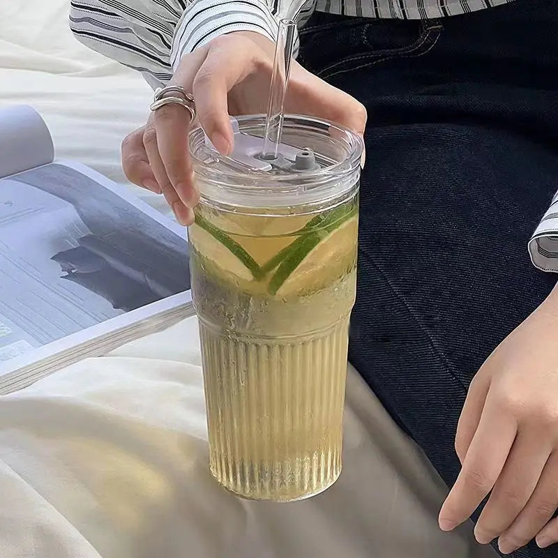 600ml Stripe Glass Cup with Lid And Straw Transparent Milk Tea Juice Cup Drinking Glasses Ice Water Coffee Mug Bar Drinkware