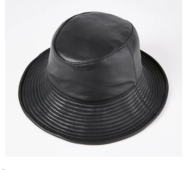 Spring Winter Japanese Women Genuine Leather Bucket Hats Black Fisherman Caps Easy Carry Street Bonnet