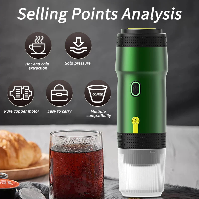 Foombthe Electric Portable Coffee Machine Italian Espresso Machine for Car & Home 3-in-1 Capsule Powder Travel Coffee Maker