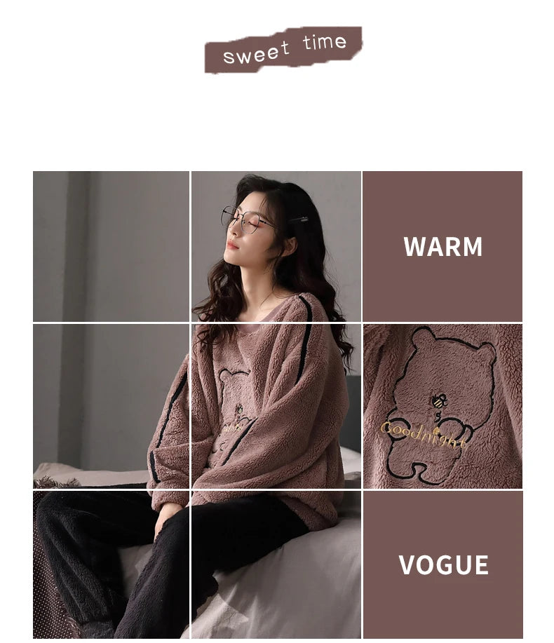 Women’s Winter Flannel Pajama Set – Warm, Thick Coral Fleece 2-Piece Loungewear