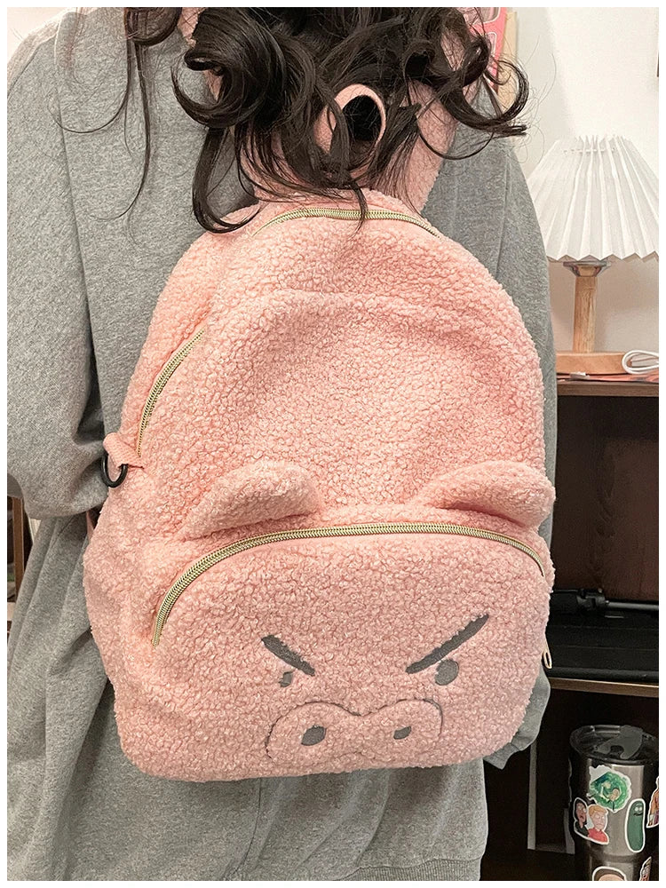Cute Plush Pig Velvet Backpack Large Capacity Shoulder Bag