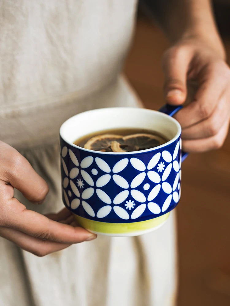 Japanese Flower Coffee Mug Set Retro Ceramic Milk Oats Mug Office Water Handgrip Cup Kitchen Party Drinkware Set 300ml