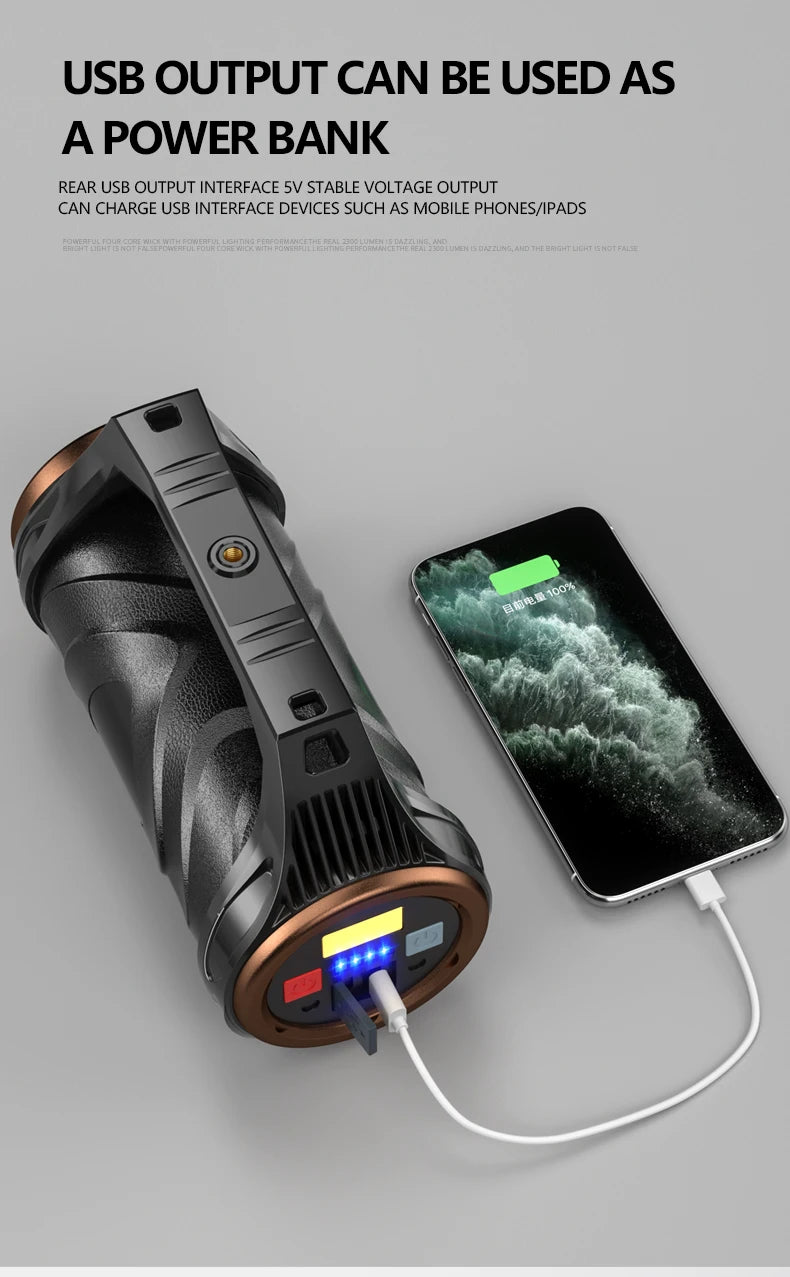 uper Bright Rechargeable Spotlight Rotating Zoom LED Flashlight with COB Sensor Light Power Bank