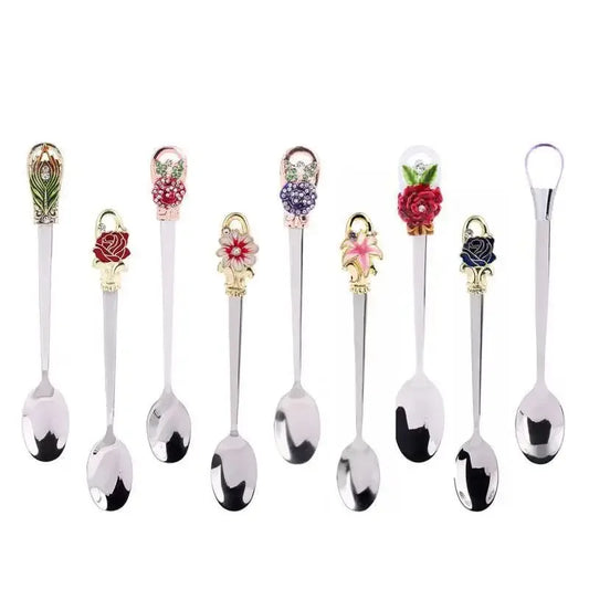 1 Pcs Vintage Enamel color Carved Alloy Coffee Spoon Ice Cream Dessert Tea Dining Kitchen Accessories