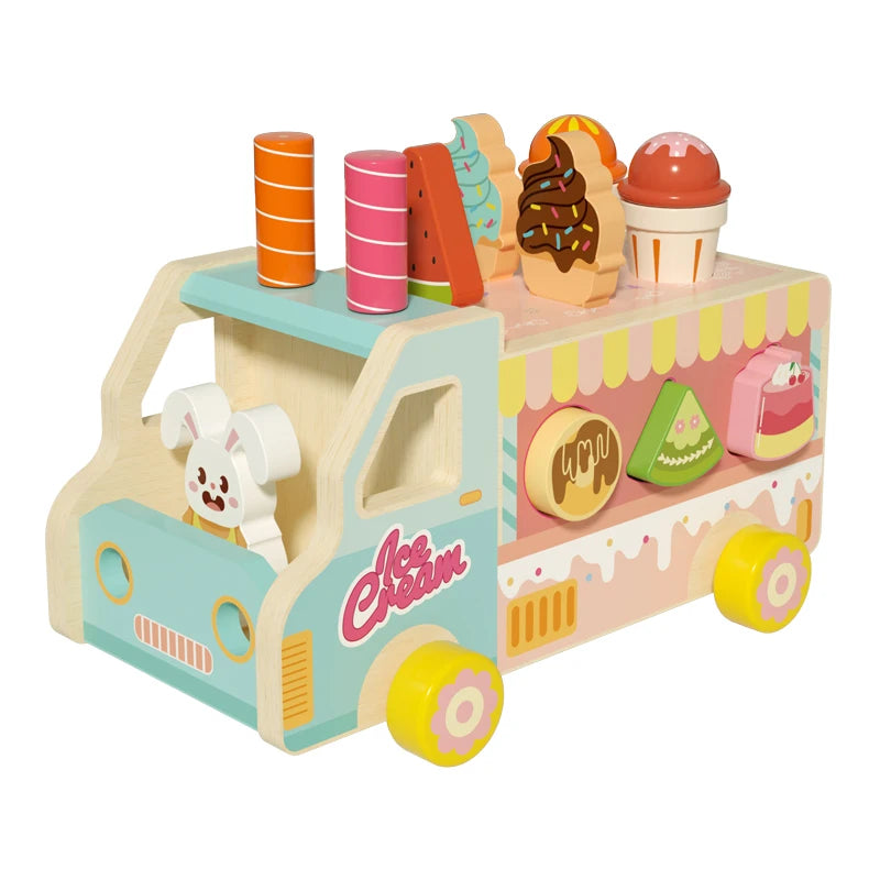 Wooden Rabbit Ice Cream Truck Shape Sorter and Pretend Play Toy