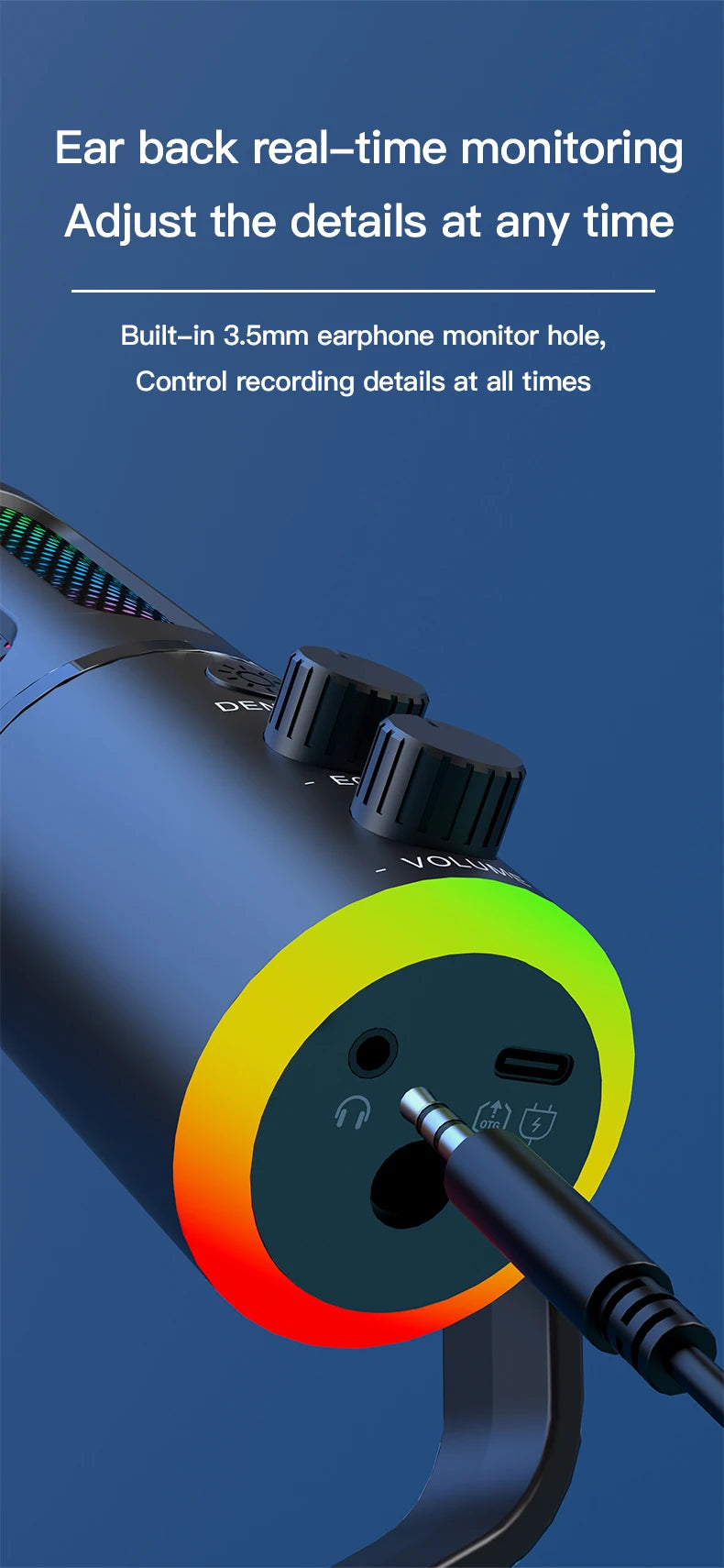 USB condenser microphone with RGB light, DSPnoise reduction, independent monitoring, used for media recording and live streaming