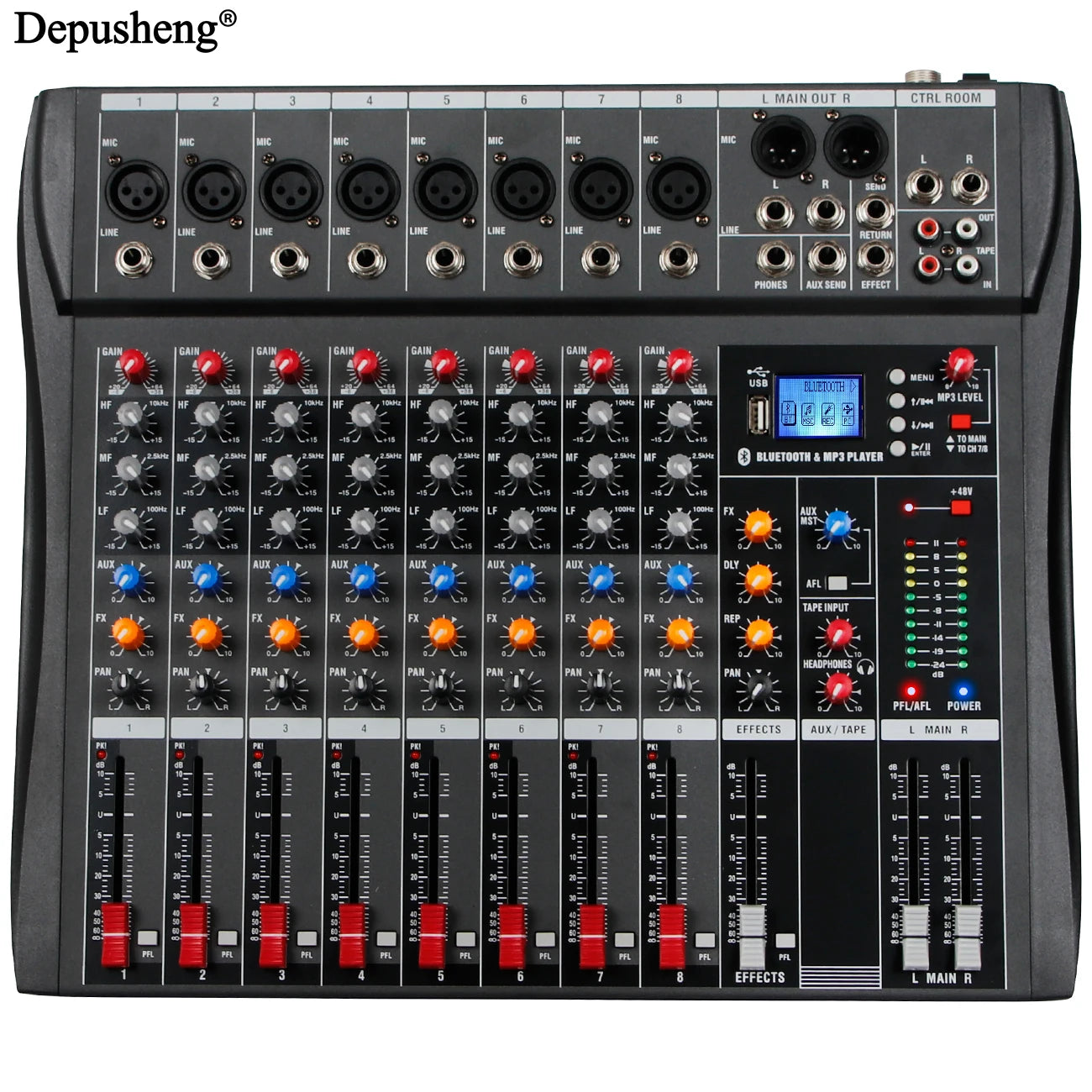 8 Channel Audio Mixer With Bluetooth USB PC Recording And 48V Phantom Power