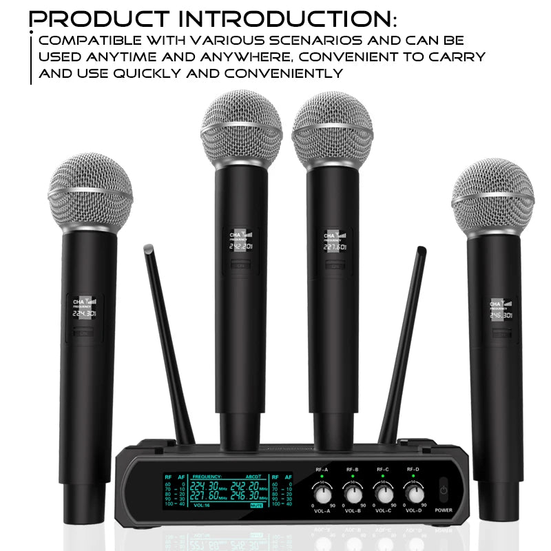 4 Channel UHF Wireless Handheld Microphone System for Karaoke Events and Performances