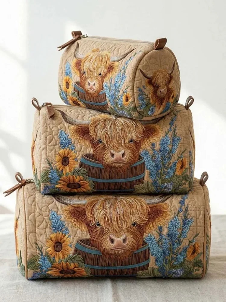 3-Size Quilted Cosmetic Bag 3D Printed Cute Animal Floral Printed Patchwork Makeup Toiletry Pouch Travel Organizer Storage Box