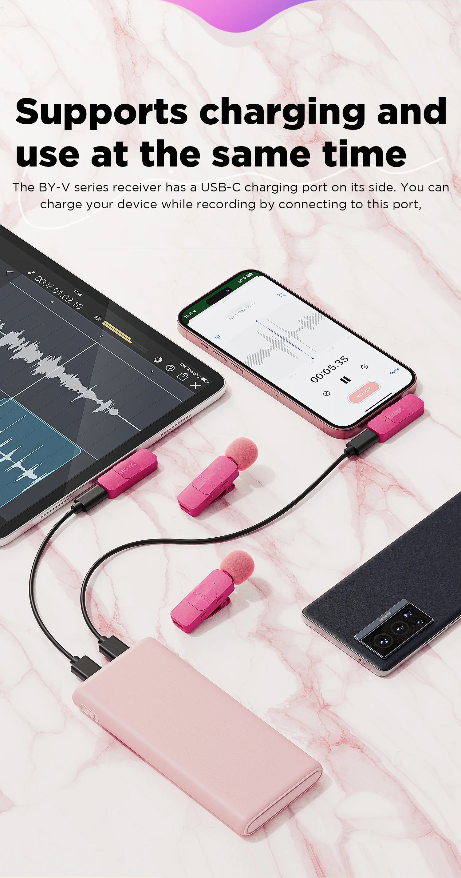 BY-V2-P Wireless Lavalier Microphone Portable Audio Video Recording Mini Mic for iPhone Android Vlog Gaming Phone Mic