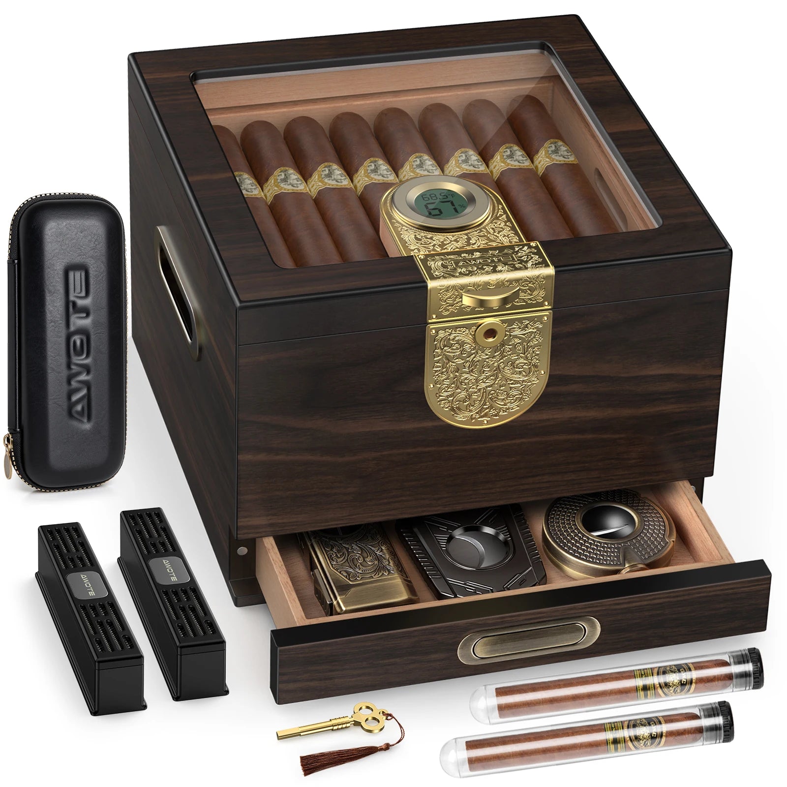 Cigar Humidor, Cedar Wood Cigar Box, Includes Leather Cigar Case, Cigar Tube, Digital Hygrometer and 2 Humidifiers, Gift Set