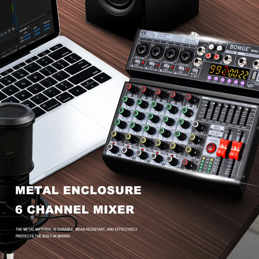 6 Channel Audio Mixing Console with 99 Effects 7 Band EQ USB Recording and Bluetooth