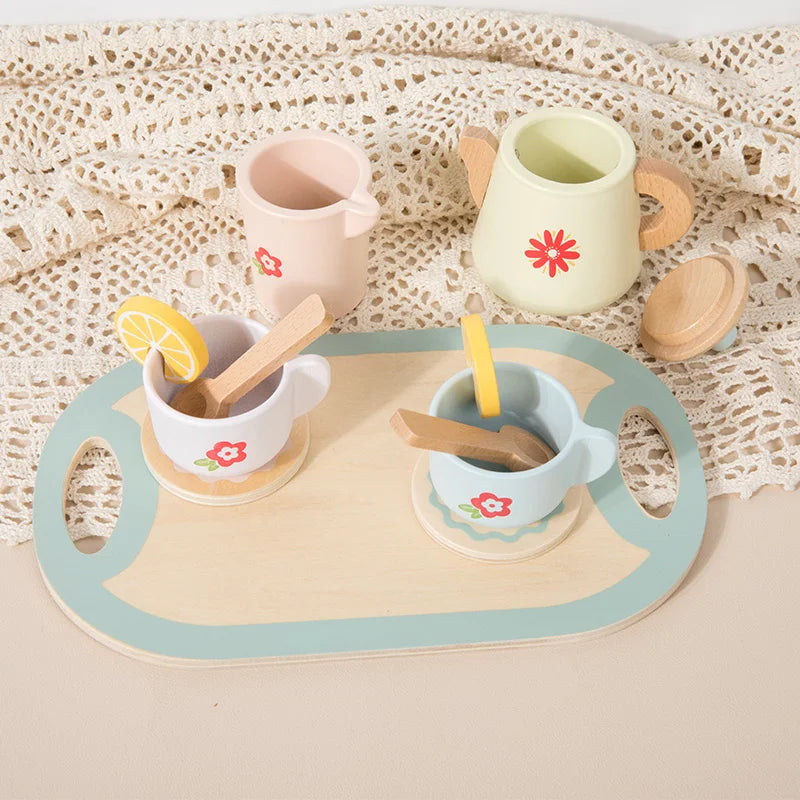 Wooden Tea Set Pretend Play Toy with Teapot and Teacups