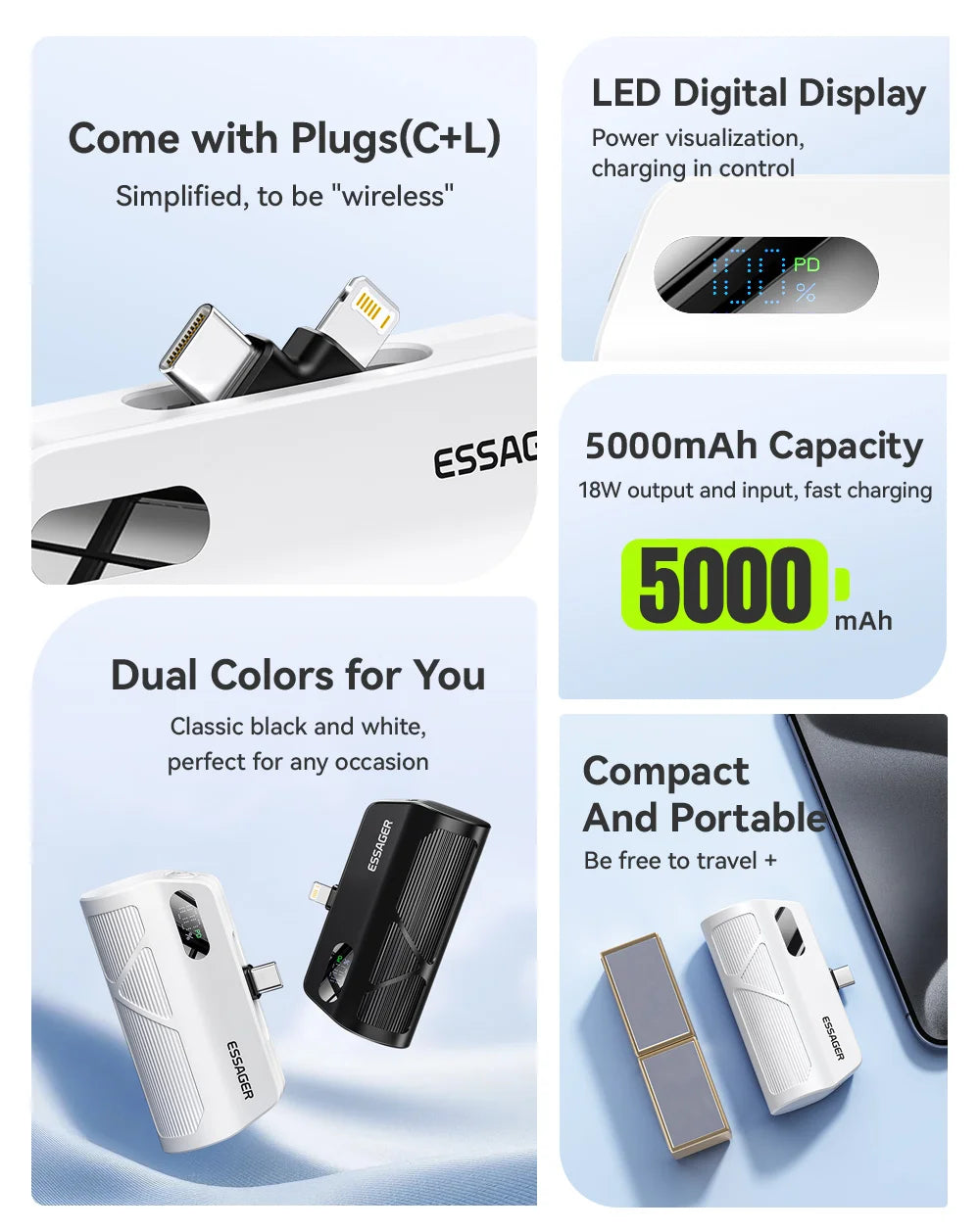 5000mAh Mini Capsule Power Bank 20W PD Fast Charging with Built-in Lightning & USB-C Plug Portable Charger