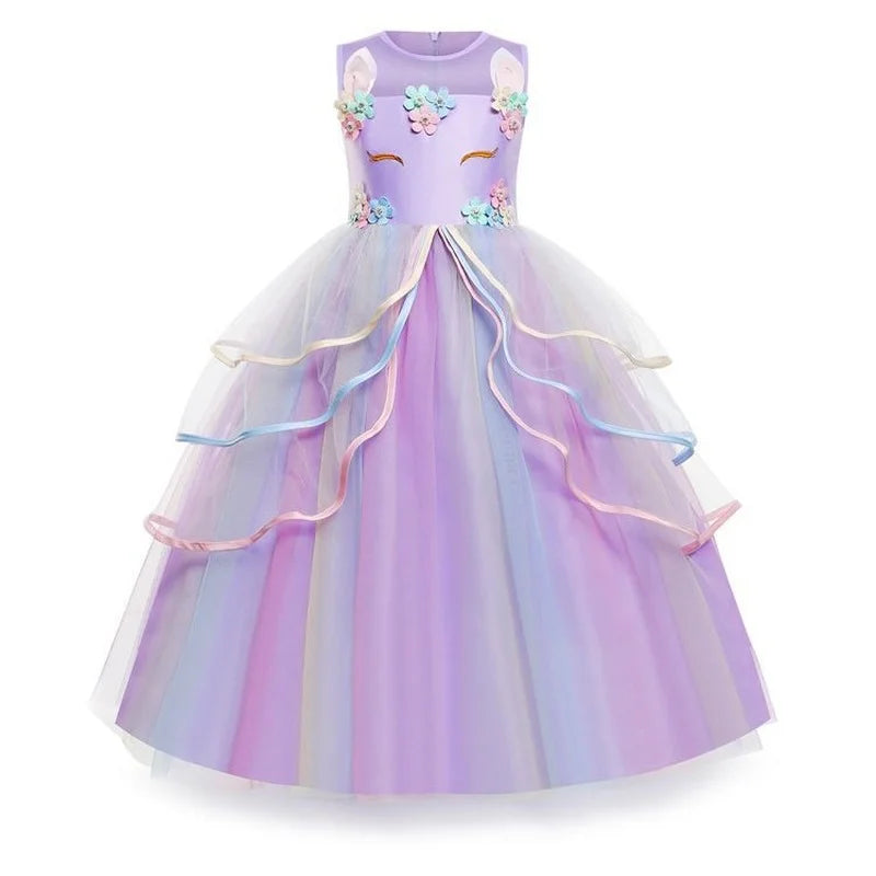 Unicorn Flower Applique Princess Ball Gown Dress
