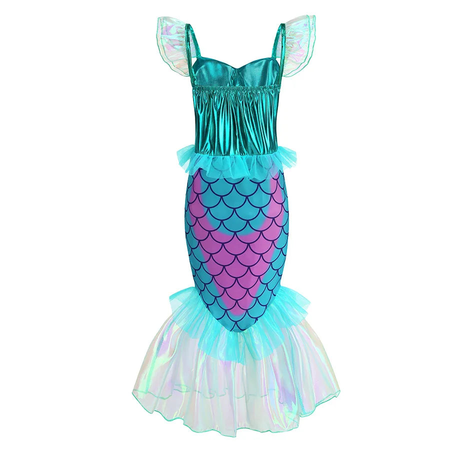 New Blue Red Purple Three Colors Mermaid Flying Sleeve Fishtail Beautiful Dress For Girl Summer Beach Party Cool Gown