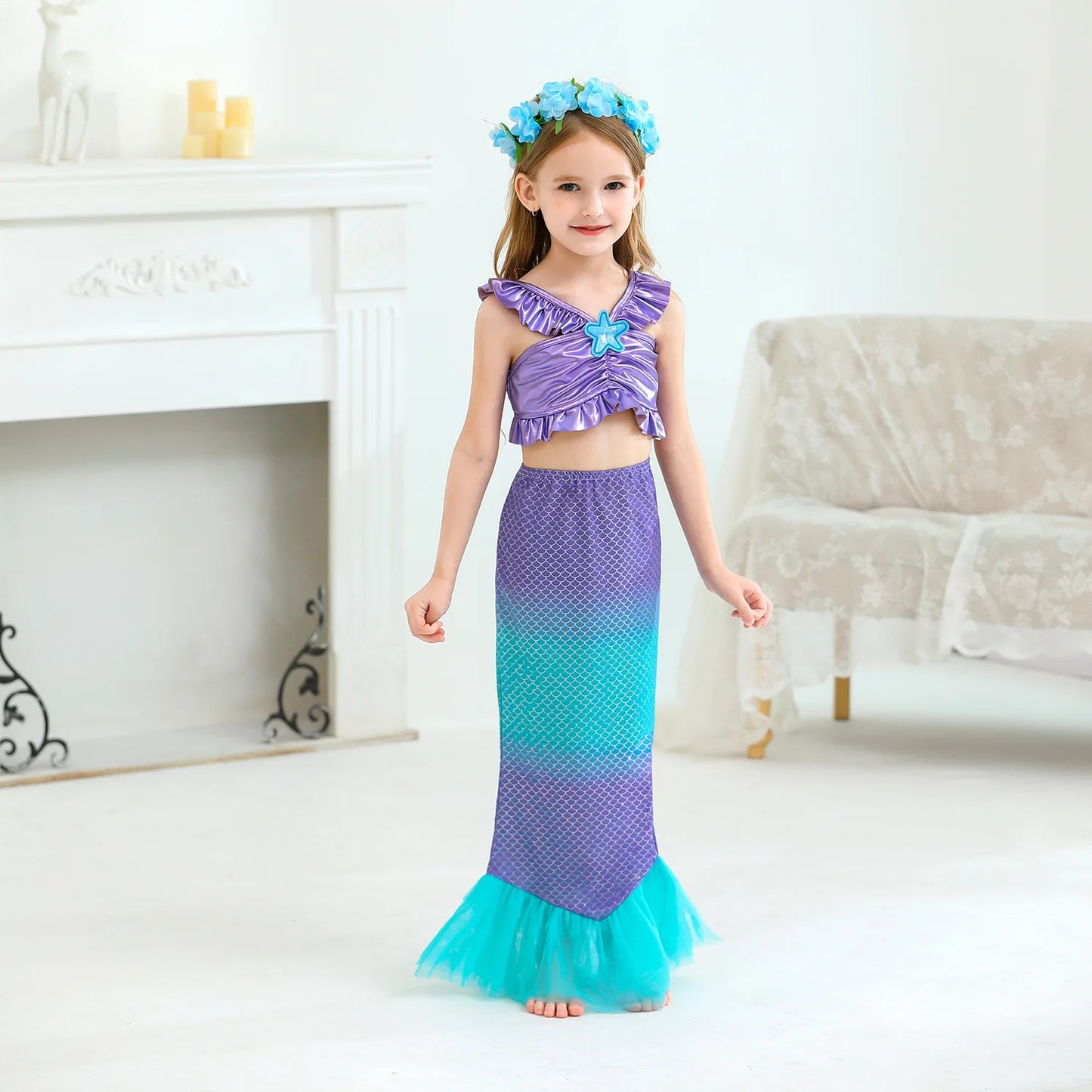 Mermaid Princess Dress Cosplay Party Costume Mid Calf Gown