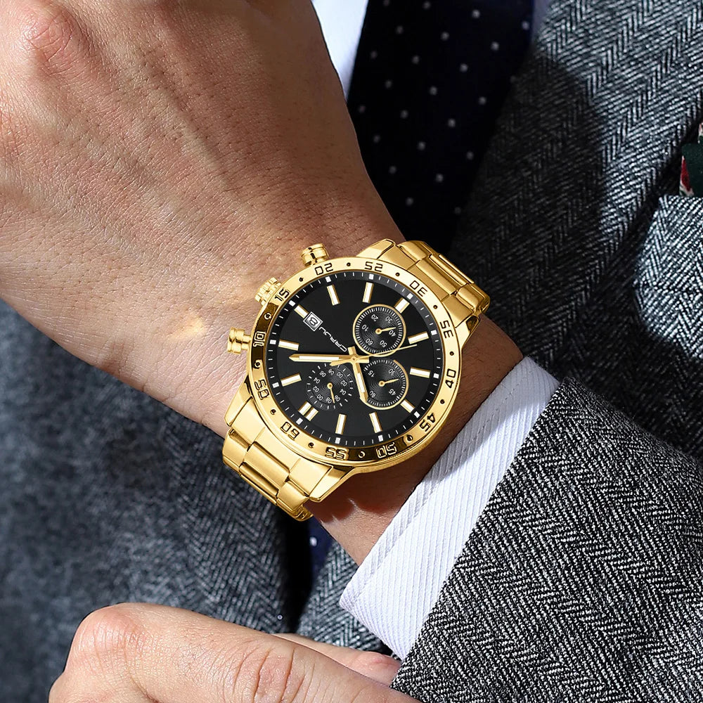 Fashion Mens Business Stainless Steel Band Quartz Watches with Calendar Chronograph Luminous Analog Wristwatch Man
