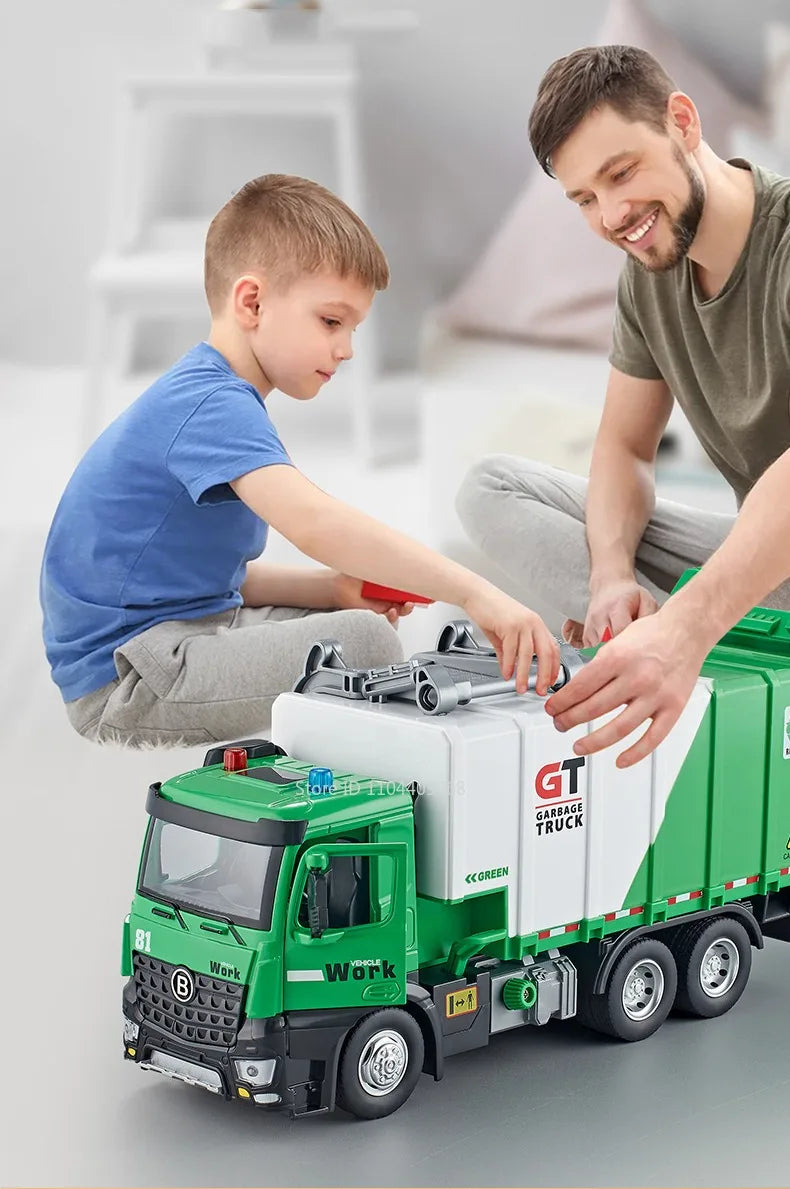 1:24 Pneumatic Garbage Car Electric Mixer Truck Toy Model Alloy Diecast Sound Light Engineering Vehicle Desktop Ornaments