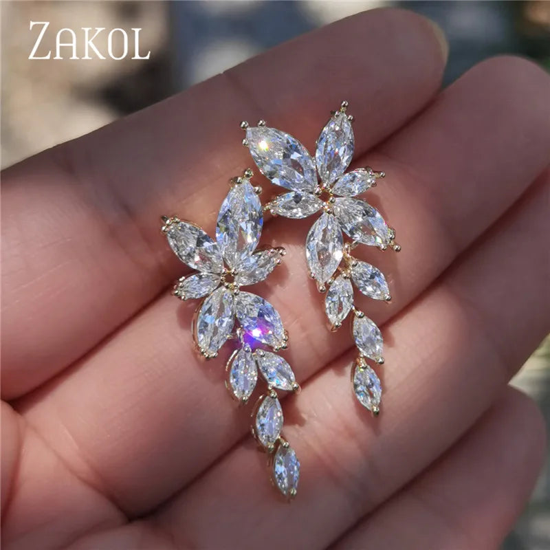 Leaf Zircon Wedding Earrings for Women White Gold Color Marquise Crystal Bridal Earring