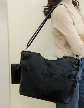 Big Black Shoulder Bags Large Soft Leather Crossbody Handbag Travel Tote Bag