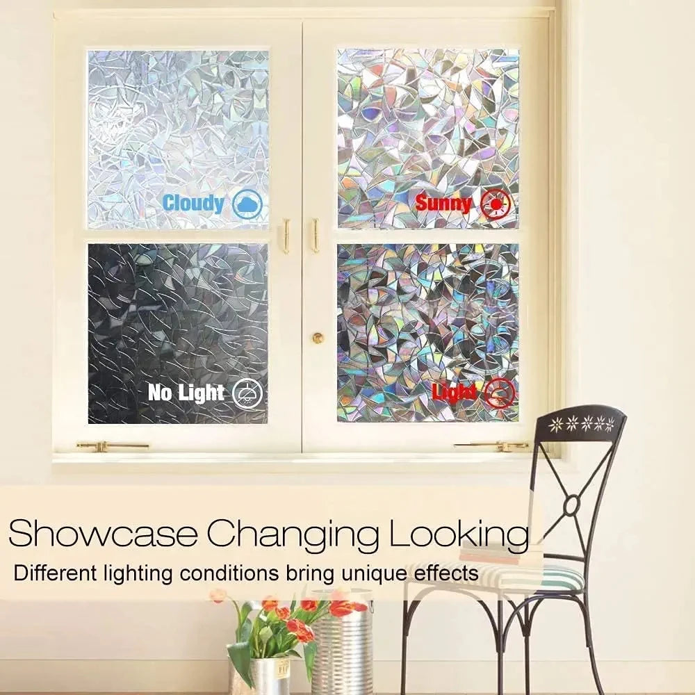 Window Privacy Film Rainbow Window Clings 3D Decorative Vinyl Stained Glass Window Decal Static Cling Sticker Non-Adhesive