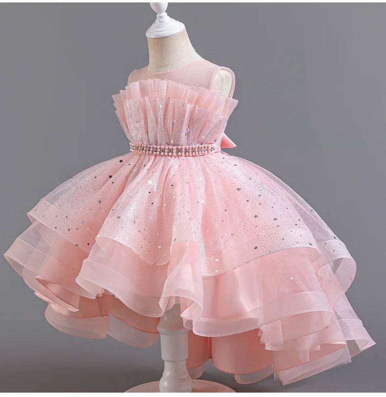 Elegant Girls' Performance Gown - Sleeveless Tulle Dress with Train for Piano Recital & Walk Show