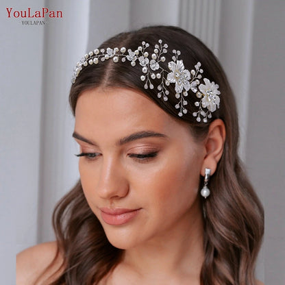 Flower Headpiece Wedding Headband for Bride Crystal Pearls Women Tiara Bridal Headpieces Hair Jewelry