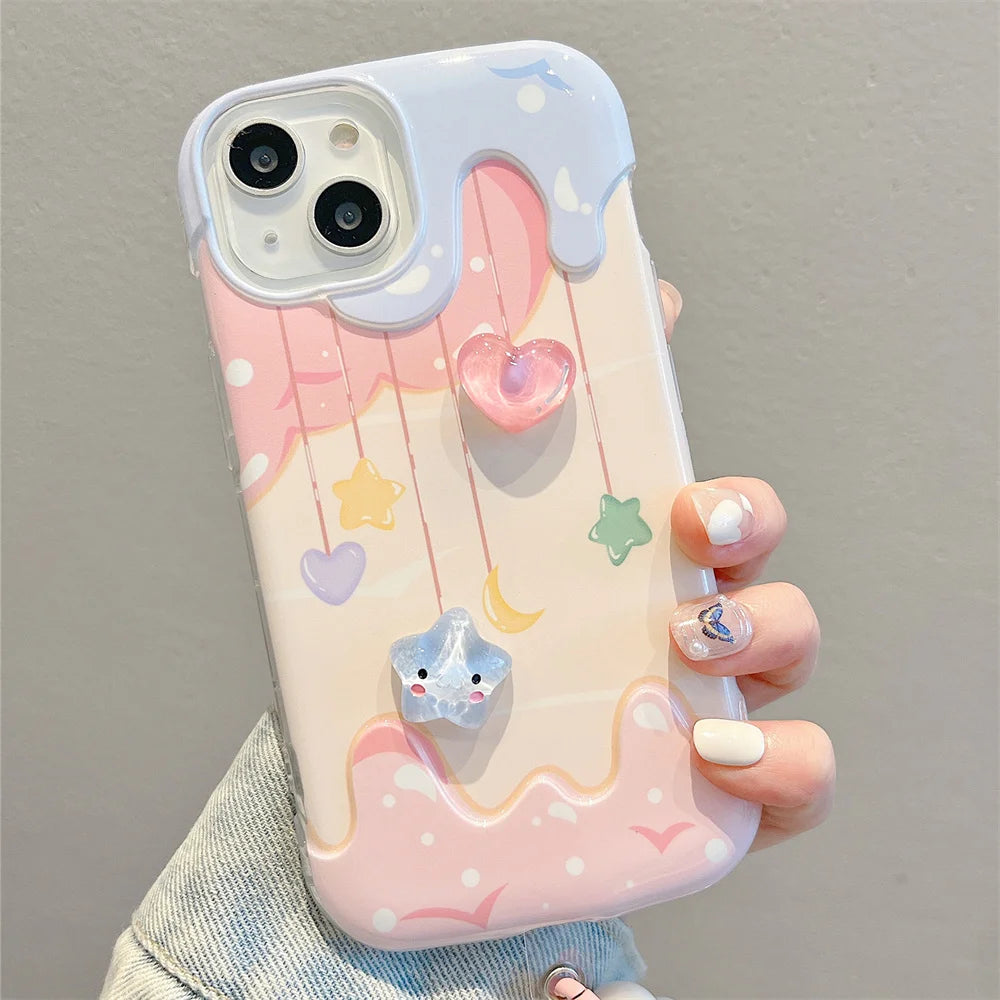 Cartoon 3D Heart Star Ice Cream Bead Strap Phone Case For iPhone 15 13 14 Pro Max Plus INS Lovely Soft Silicone Back Cover