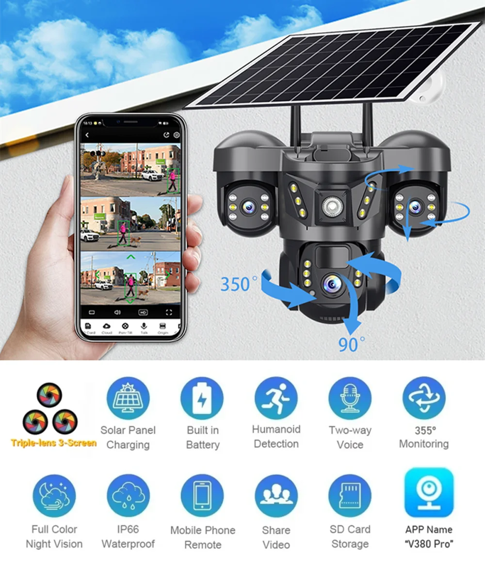 Solar Camera 4G Sim Card 15MP Outdoor 3 Lens 3 Screen PIR Human Detect Network IP Cameras Night Vision CCTV Security Protection