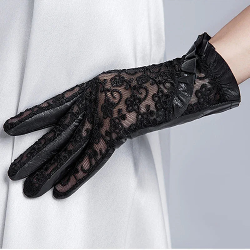 Summer Women Genuine Black Leather Gloves Ladies Elegant Gloves Women's Black Driving Gloves Anti-UV Touch Screen Lace Mittens