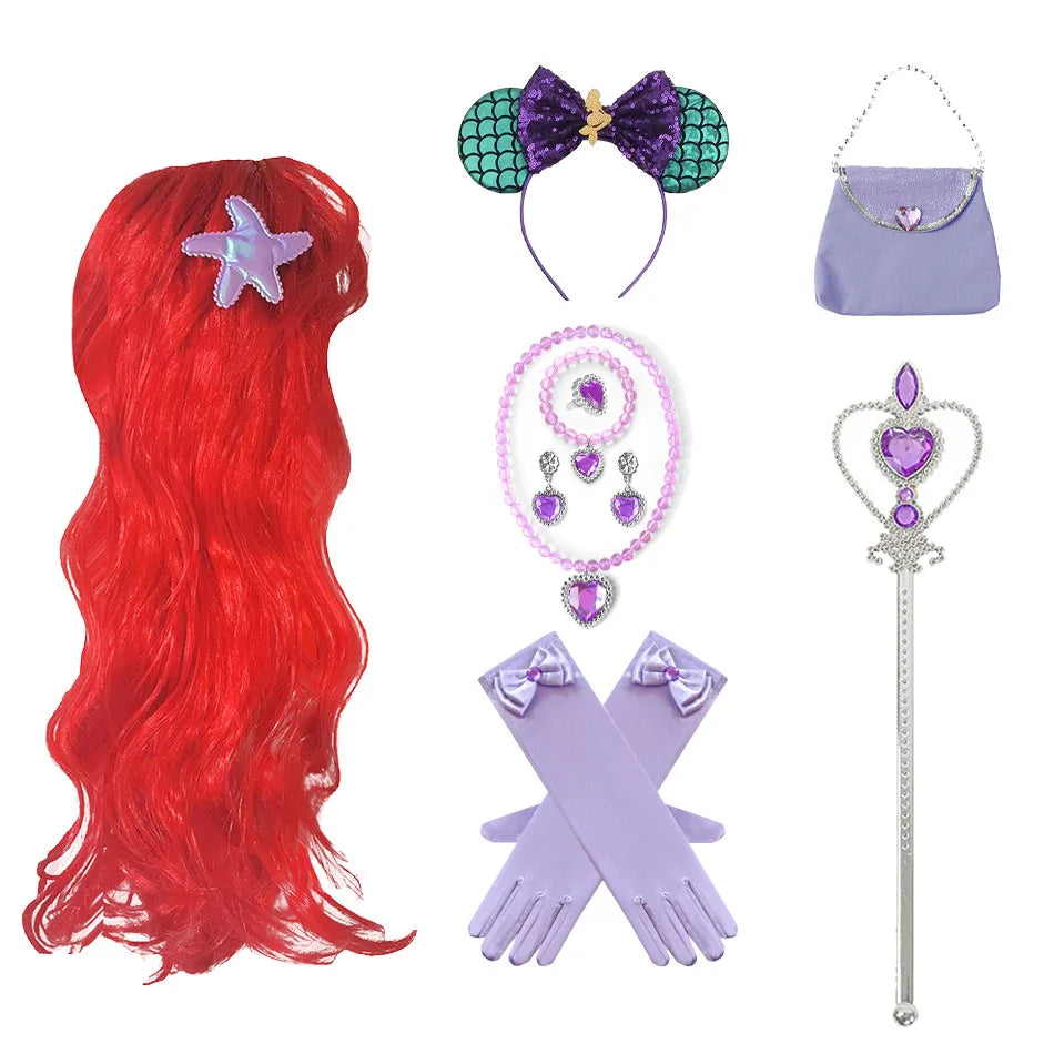 Ariel Princess Accessories Gloves Wand Crown Jewelry Set Mermaid Wig Necklace Braid for Princess Dress Clothing Cosplay Dress UP