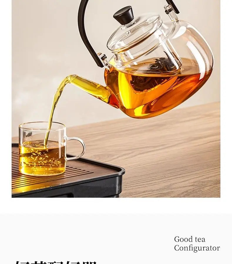 Heat Resistant Glass Tea Kettle with Filter Bamboo Handle Flower Tea Pot 1L