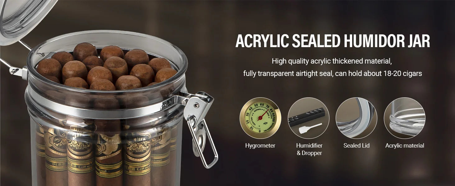 Cigar Humidor, Solid Wood Cigar Ashtray & Acrylic Cigar Jar Kit with Cigar Cutter, Humidifier and Dropper, Holds 18-20 Cigars