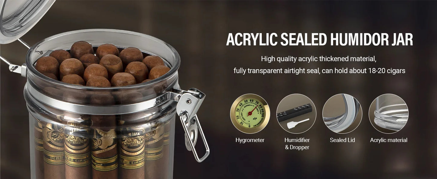 Cigar Humidor, Solid Wood Cigar Ashtray & Acrylic Cigar Jar Kit with Cigar Cutter, Humidifier and Dropper, Holds 18-20 Cigars