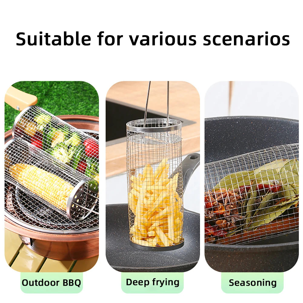 Stainless Steel Grill Basket Portable Barbecue Cage Rolling Grilling Basket Barbecue Tool BBQ Basket Outdoor Grill Accessories