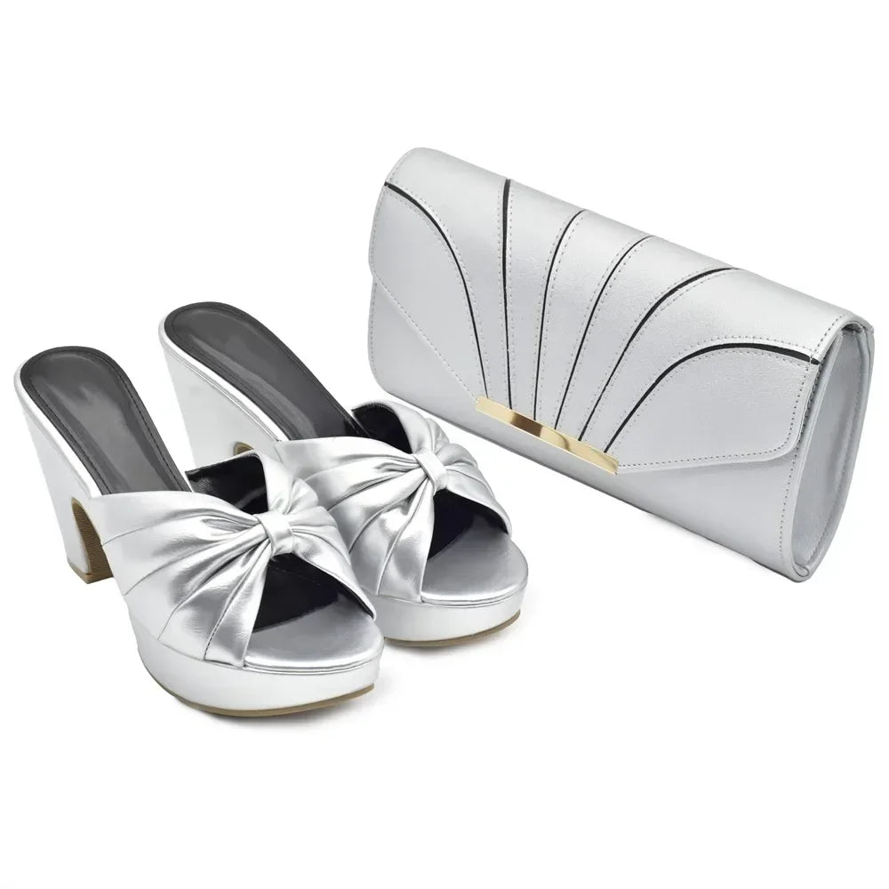 Italian Design Fashion African Women's High Heel Comfortable Shoes and Bags Set Leather Wedges Shoes for Women