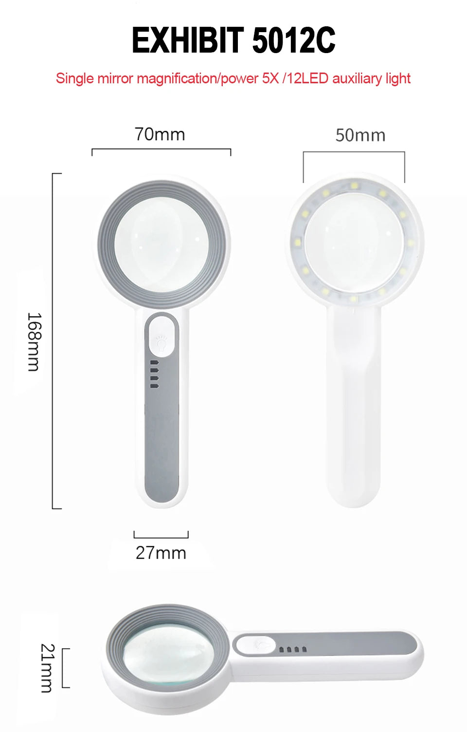 Rechargeable LED Magnifier 5X–12X Handheld with 3 Light Modes