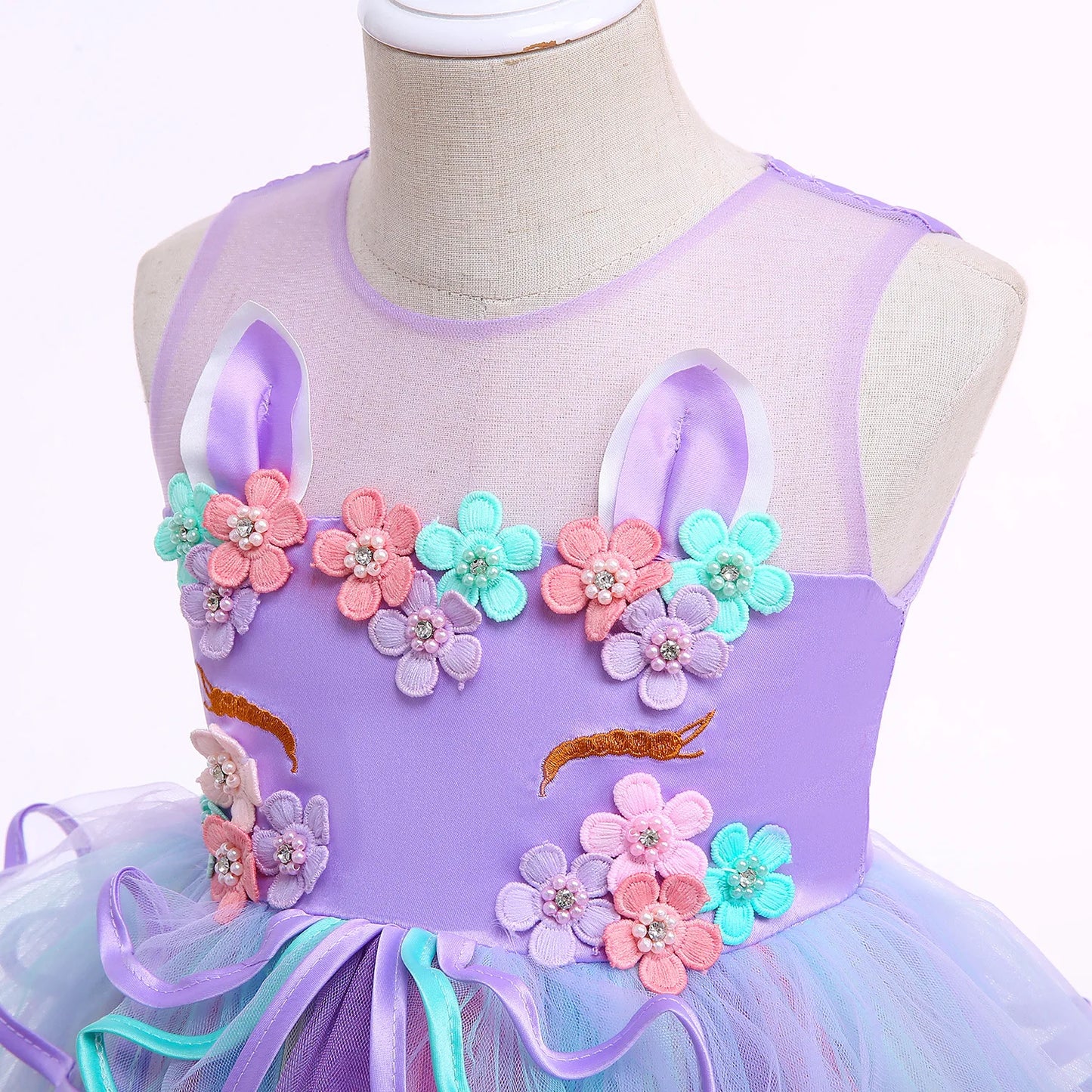 Rainbow Unicorn Princess Dress with Bow and Tulle Skirt Birthday Party Costume