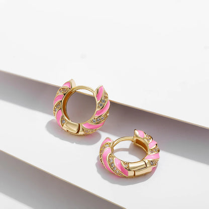 Cute Pink Color Enamel Geometric Square Star Huggies Earring New Trendy Zirconia Twist Hoop Earrings