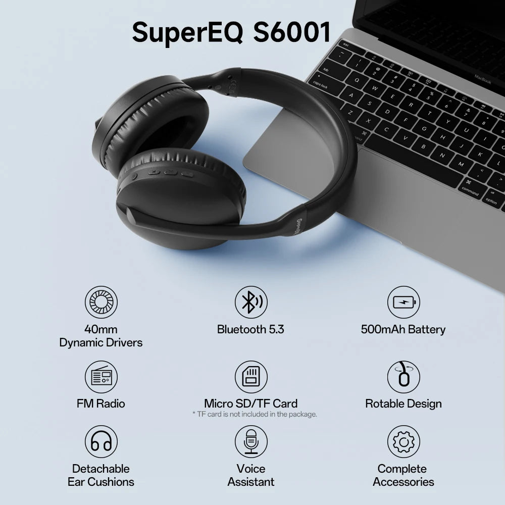 SuperEQ S6001 Bluetooth Headphones Over Ear Wireless Headset With Micro SD/TF Card/FM Radio Modes Stereo HiFi Headphones