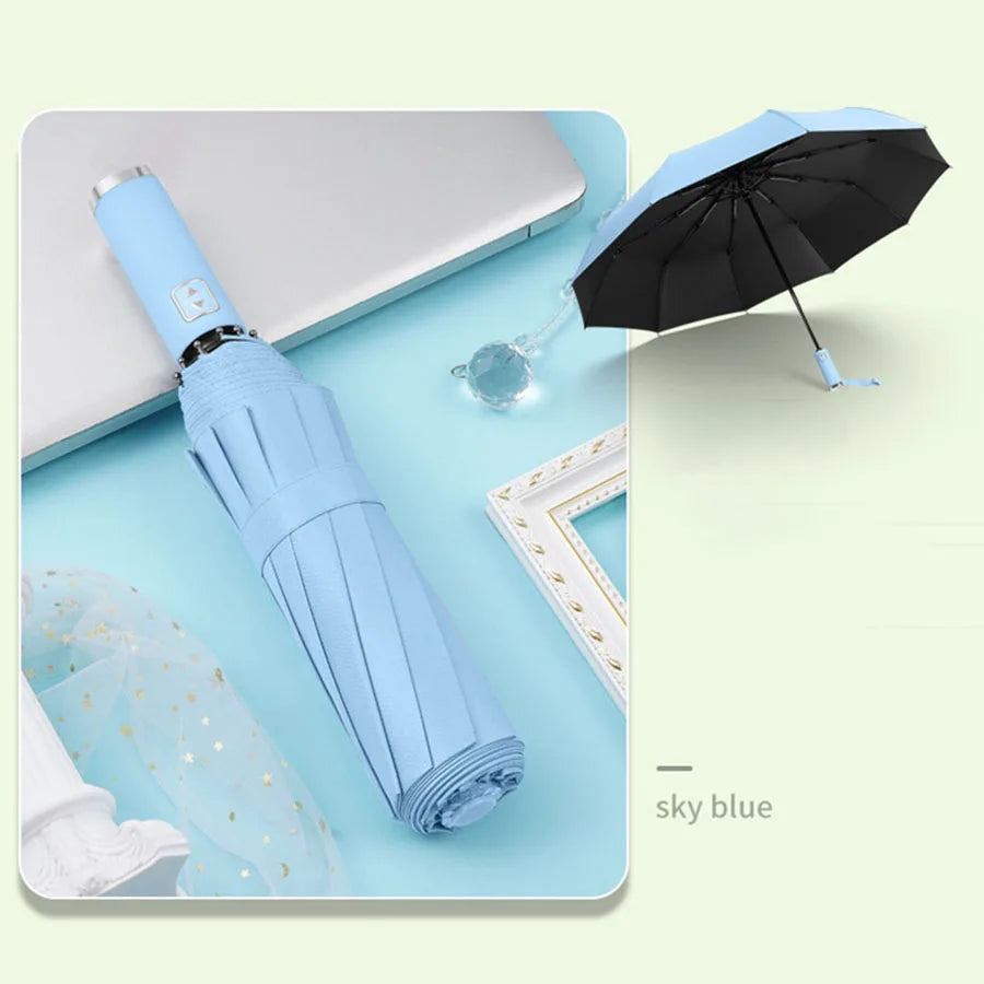 Automatic Folding Umbrella 10 Rib Windproof UV Protection Three Fold Compact Travel Umbrella Sun Rain Use